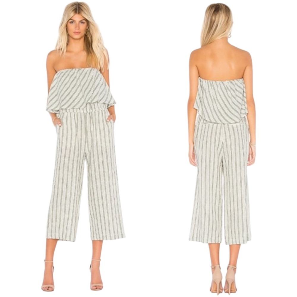 JOIE Brogan Linen Striped Strapless Wide Leg Jumpsuit in Green/Ivory Size Small - Picture 5 of 12
